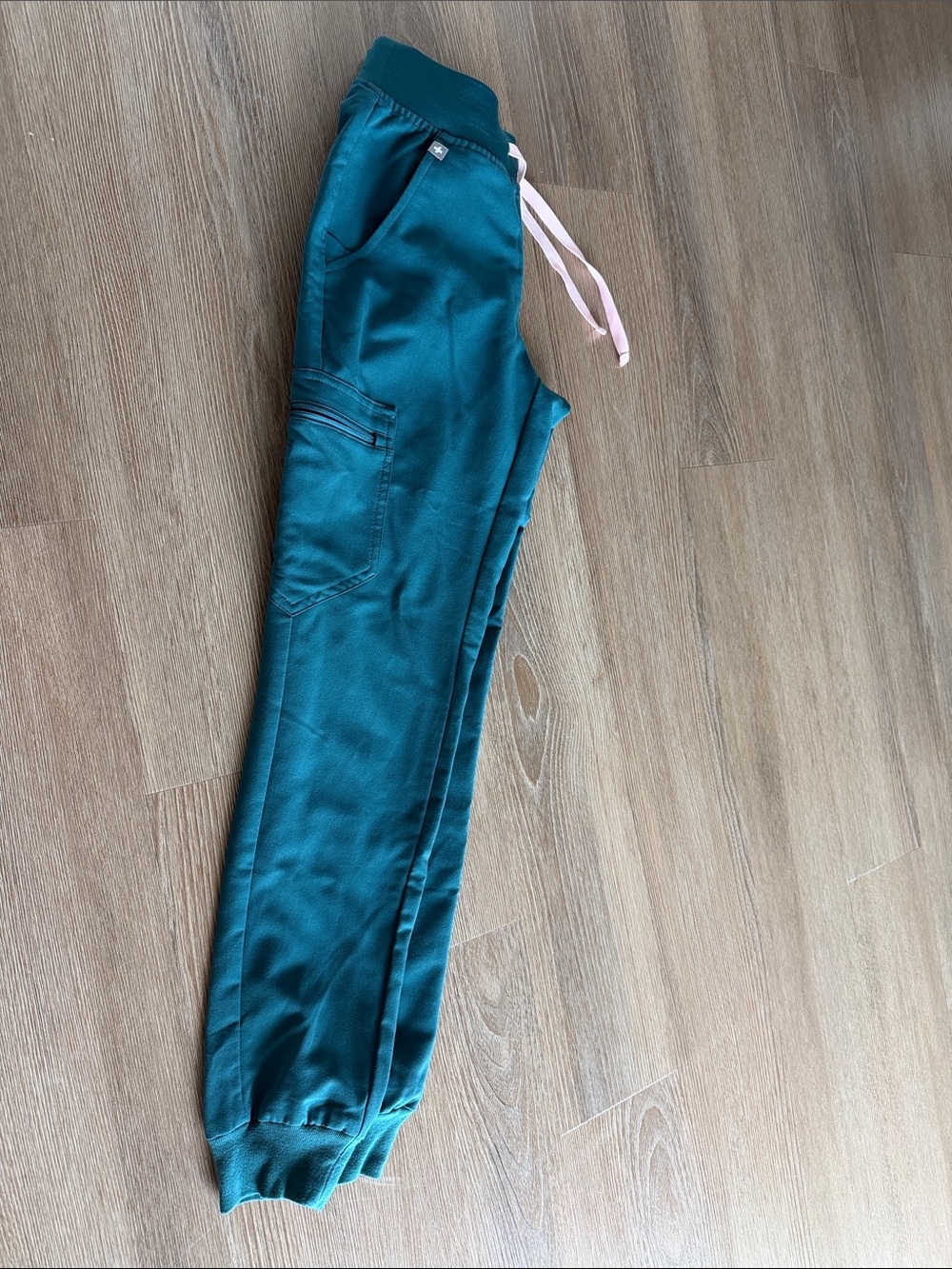 Figs Teal Drawstring Cargo Jogger Pants with Pink Tie